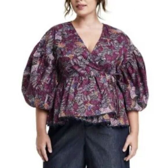 Kika Vargas for Target Purple Floral Puff Sleeve 100% Cotton Wrap Blouse size 3X - Picture 1 of 10